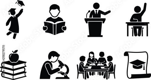 Black and white education and learning icons set depicting school university and academic study concepts