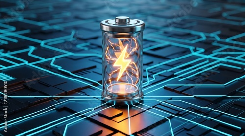 Futuristic Battery with Glowing Lightning Bolt on Electronic Circuit Board for Energy Storage Concept