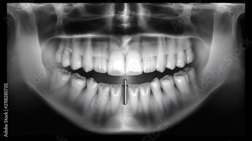 Panoramic dental X-ray image showing a metal dental implant in the lower jaw for tooth replacement and oral health diagnostic imaging