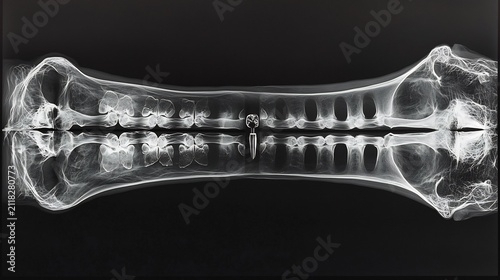 Conceptual Symmetrical Dental X-ray Illustration of a Jaw with a Metallic Tooth Implant and Detailed Radiographic Bone Texture