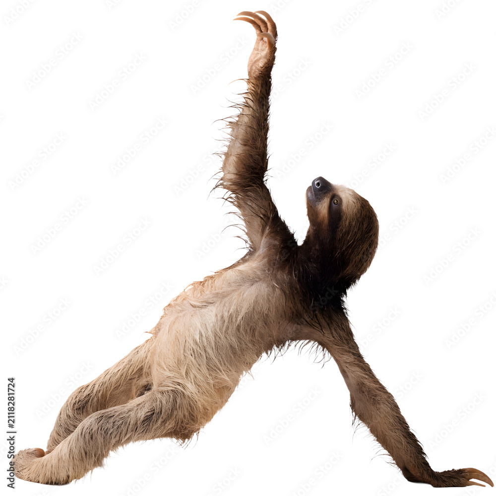 Fototapeta premium Sloth stretching one arm high while hanging as isolated element