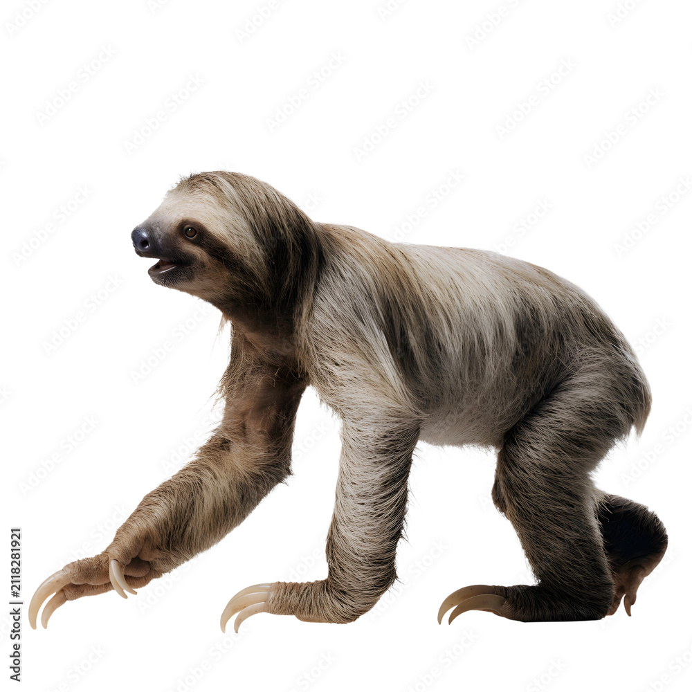 Fototapeta premium Walking three-toed sloth moving forward as transparent object