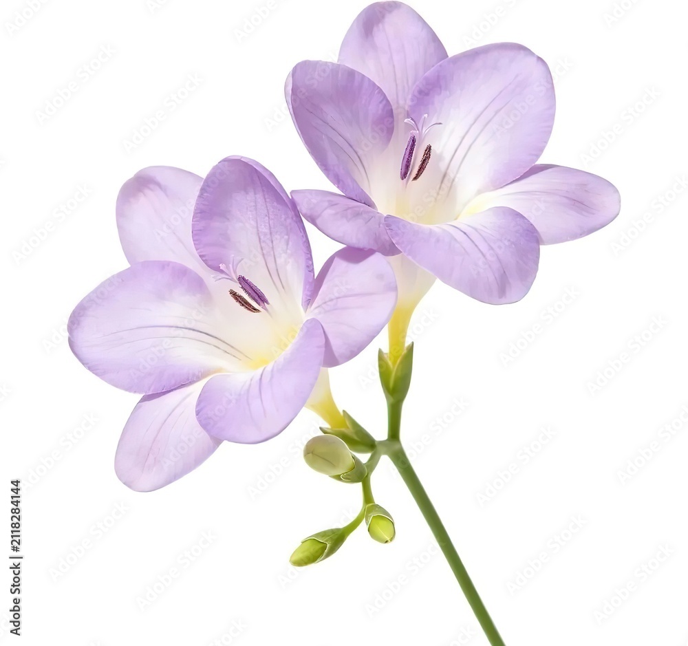 Obraz premium Two Pale Purple Freesia Flowers Green Buds Dark Stamens Green Stem
