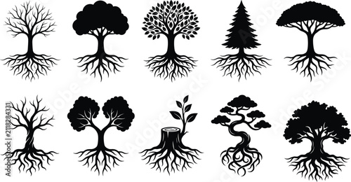 Fotografía Tree Silhouette Collection with Roots and Botanical Nature Designs for Environme