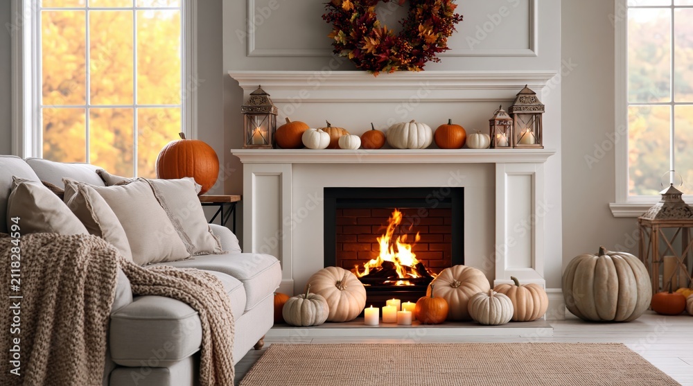 Obraz premium Autumn cozy living room with fireplace decor and fall pumpkins for thanksgiving