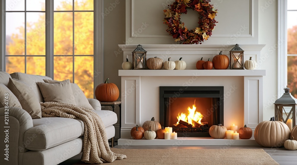 Obraz premium Autumn cozy living room interior with fireplace decor and seasonal fall pumpkins