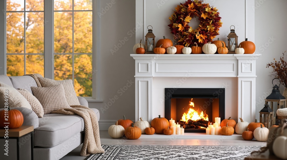 Obraz premium Autumn living room interior with cozy fireplace decor and fall pumpkin wreath