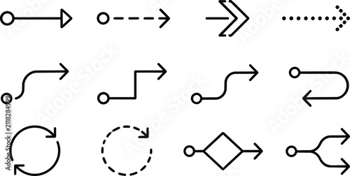 Various Black Outline Vector Arrow Icons for UI and Flowchart