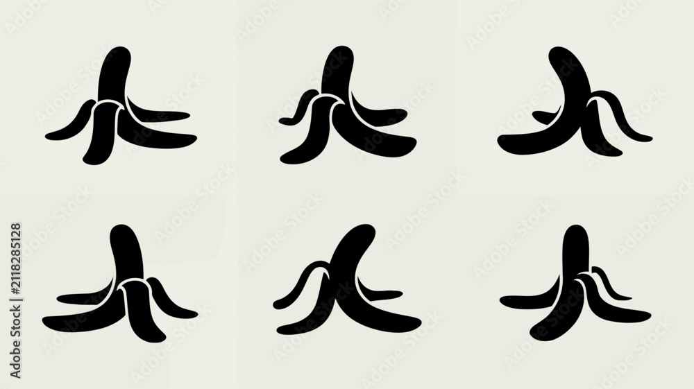 Obraz premium Six black stylized of peeled bananas arranged in two rows on a light beige background.