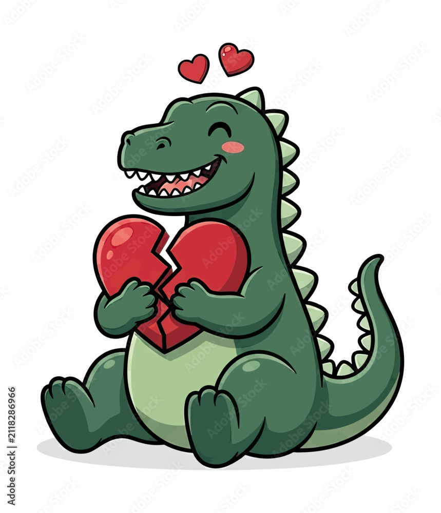 Fototapeta premium Happy Green Cartoon Dinosaur Smiling and Holding a Broken Red Heart with Small Hearts Floating Above Head