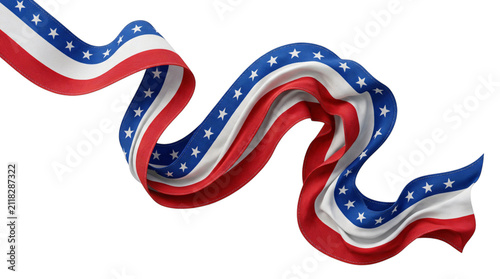 Patriotic American flag ribbon with stars and stripes, flowing red white and blue satin fabric banner, wavy fourth of july decorative element on white