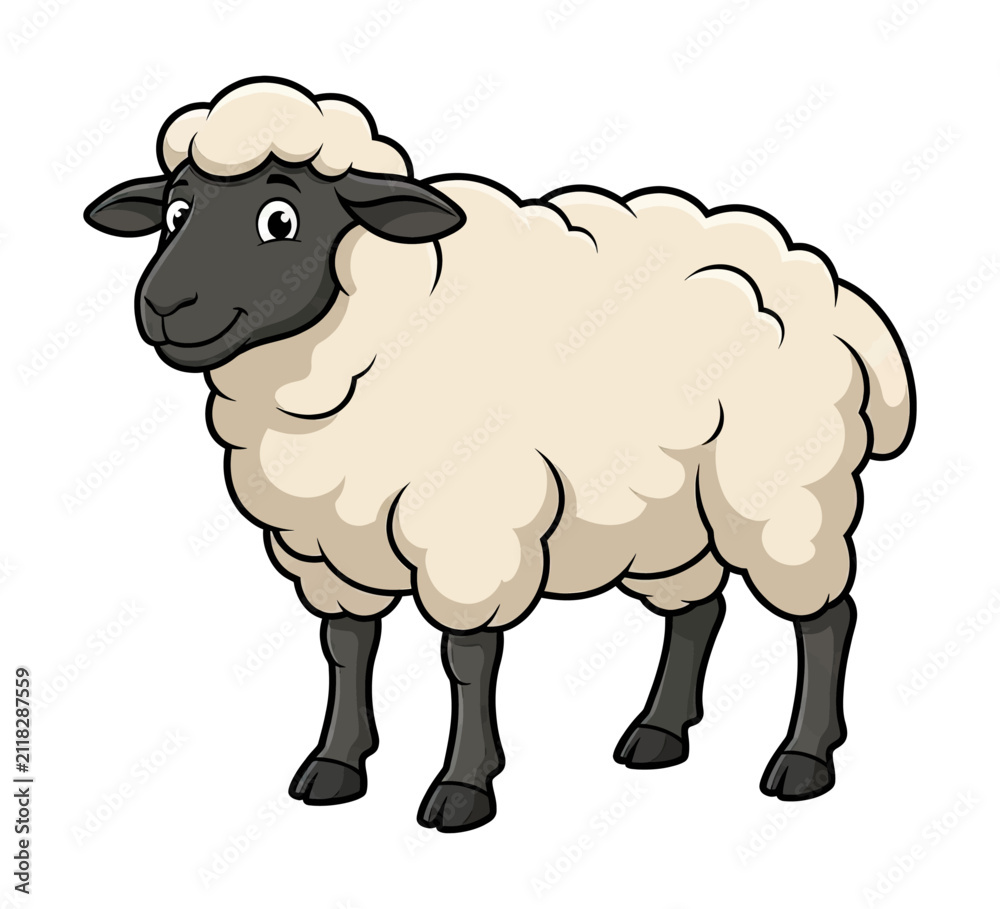 Obraz premium Cute smiling happy cartoon sheep with fluffy white wool and dark gray face standing calmly isolated