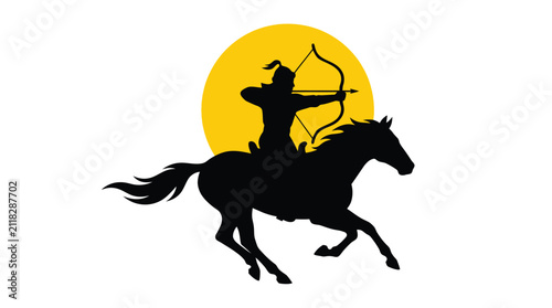 Canvas Print Black silhouette vector illustration of mounted archer riding horse in front of