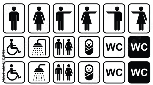 Foto Vector set of black and white restroom signage icons for public facilities and c