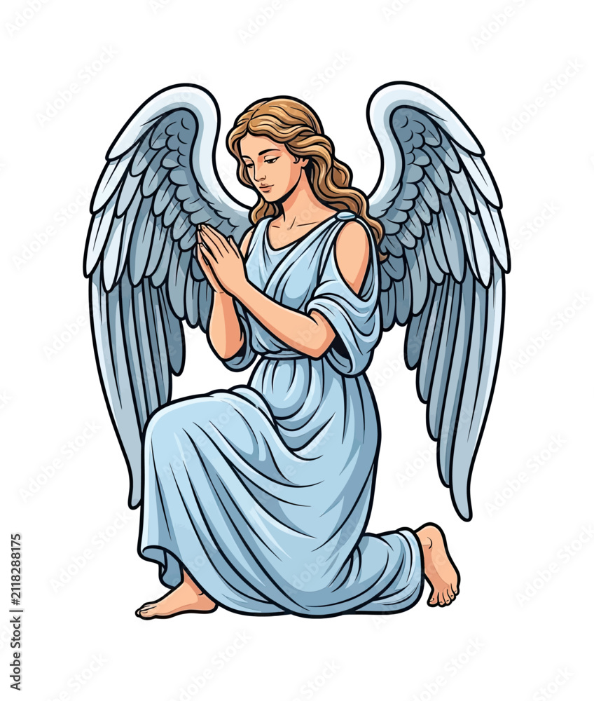 Fototapeta premium Female angel kneeling praying with hands clasped in a serene and spiritual mood a devout winged woman