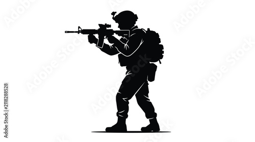 Fotografie Military soldier silhouette holding a rifle in this detailed black and white vec