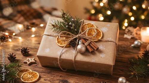Craft paper wrapped christmas gift decorated with dried orange slice and cinnamon sticks, christmas