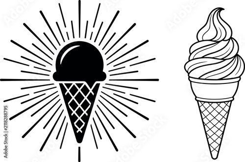 Vector set of two ice cream illustrations featuring a solid scoop with sunburst lines and a detailed soft serve outline design