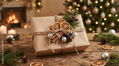 Festive christmas gift box with dried citrus and cinnamon sticks in cozy home setting, christmas