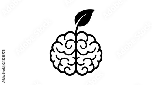 Brain with a leaf growing from the top symbolizes cognitive growth, natural intelligence, mental health awareness, and sustainable thinking patterns in this clean minimalist icon set for modern tech.