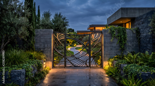 Modern concrete house facade with decorative metal gate and landscaped garden at twilight, exterior