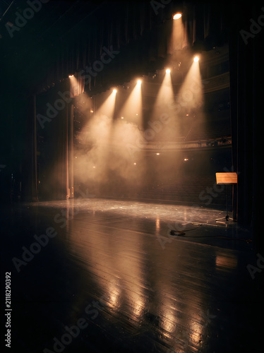 Empty wooden stage floor under powerful golden spotlights and atmospheric fog with spotlight