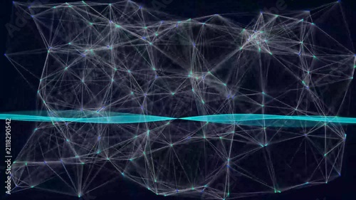 Abstract Digital Network with Glowing Nodes and Central Teal Wave.