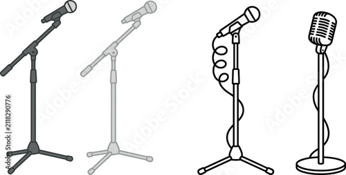 Vector set of four microphone stand illustrations featuring boom arms, cables, and a vintage retro mic design