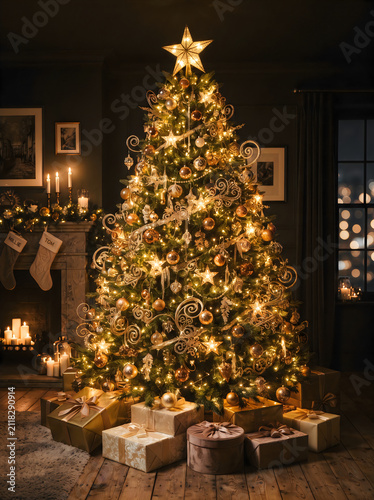 Christmas tree with golden lights and ornaments in cozy living room christmas decoration presents