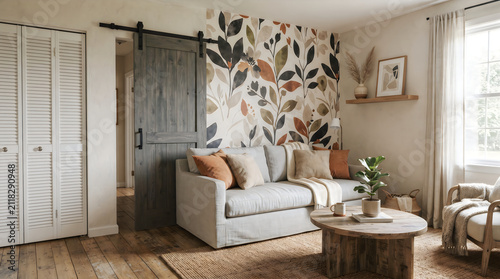 Boho chic living room interior with floral wallpaper and sliding wooden barn door, classroom