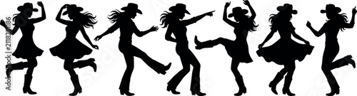 Vector set of seven black silhouettes of cowgirls line dancing in cowboy hats and boots