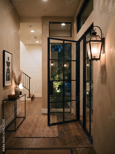 Modern entryway hallway with large metal framed glass door and warm wall lighting, entryway