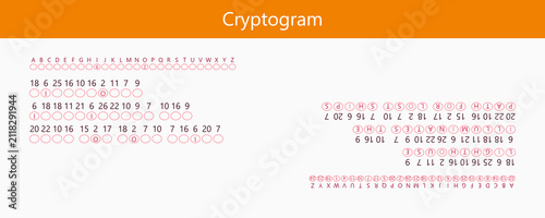 Cryptogram puzzle in minimalist style in orange and white colors for brain training with copy space