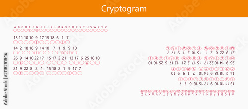 Cryptogram puzzle in minimalist style in orange and white colors for brain training