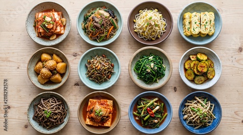 A Culinary Panorama: A vibrant assortment of Korean banchan dishes, showcasing a diverse range of flavors and textures, artfully arranged in individual bowls.
