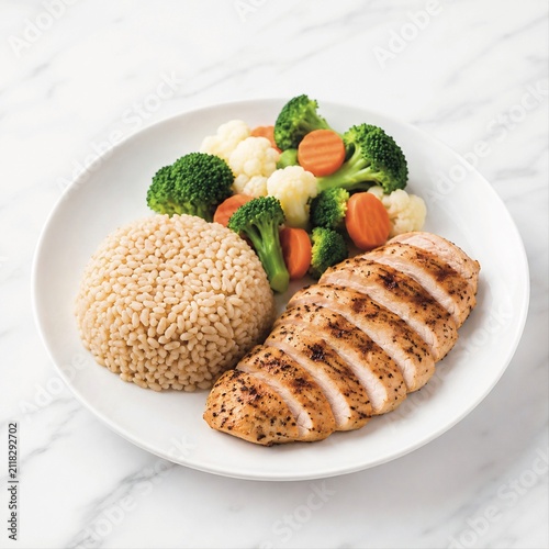 Grilled Chicken Breast with Whole Grains and Mixed Vegetables on White Plate