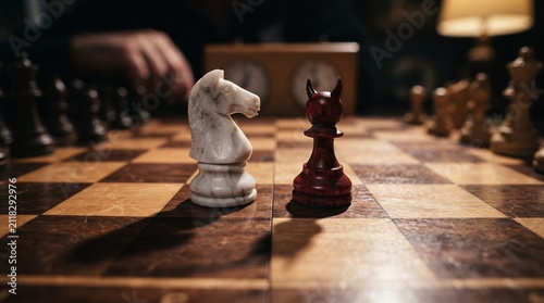 Obraz na plátně Close up of two chess pieces facing each other on a wooden board with strategy,
