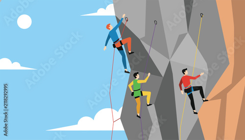 Three adventurous rock climbers scaling a steep stone cliff with safety ropes and harnesses against blue sky.