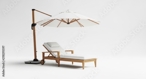 Luxury wooden sun lounger with white cushion and cantilever umbrella isolated on white background