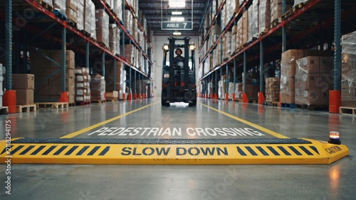 Warehouse Forklift Safety with Pedestrian Crossing and Industrial Logistics Concept
