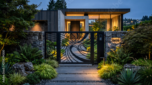 Modern luxury residential home facade at twilight with illuminated entryway and artistic metal gate
