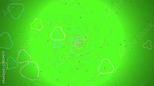 Abstract green motion background with central spiral and floating organic shapes.