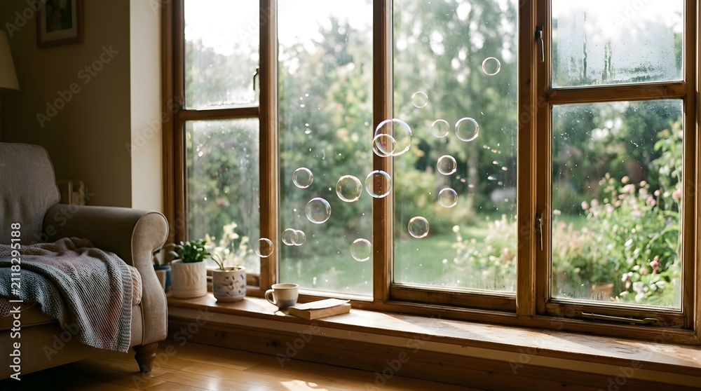 Fototapeta premium Cozy living room with armchair coffee and book by window with floating soap bubbles and garden view