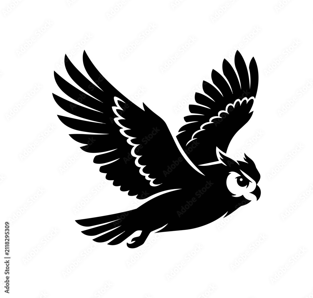 Obraz premium Silhouette of an owl in flight with wings spread wide.