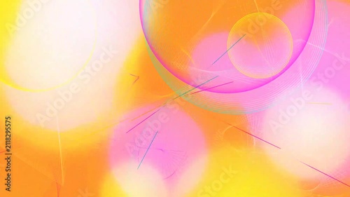 Vibrant abstract animation featuring floating pink and yellow spheres with dynamic geometric lines.