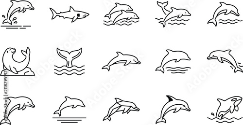Принти на полотні Ocean wildlife minimal outline icons collection with jumping dolphins predatory