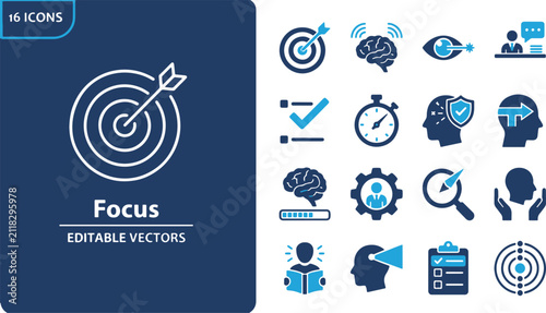 Set of vector icons related to focus, concentration, productivity, business strategy, and mental skills