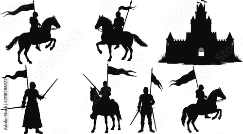 Фотография Medieval knight silhouettes set featuring warriors on horseback with flags, swor