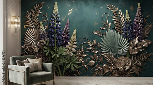 Luxury interior design featuring teal botanical mural with metallic foliage with displays opulent room corner large floral wall mural soft green velvet armchair