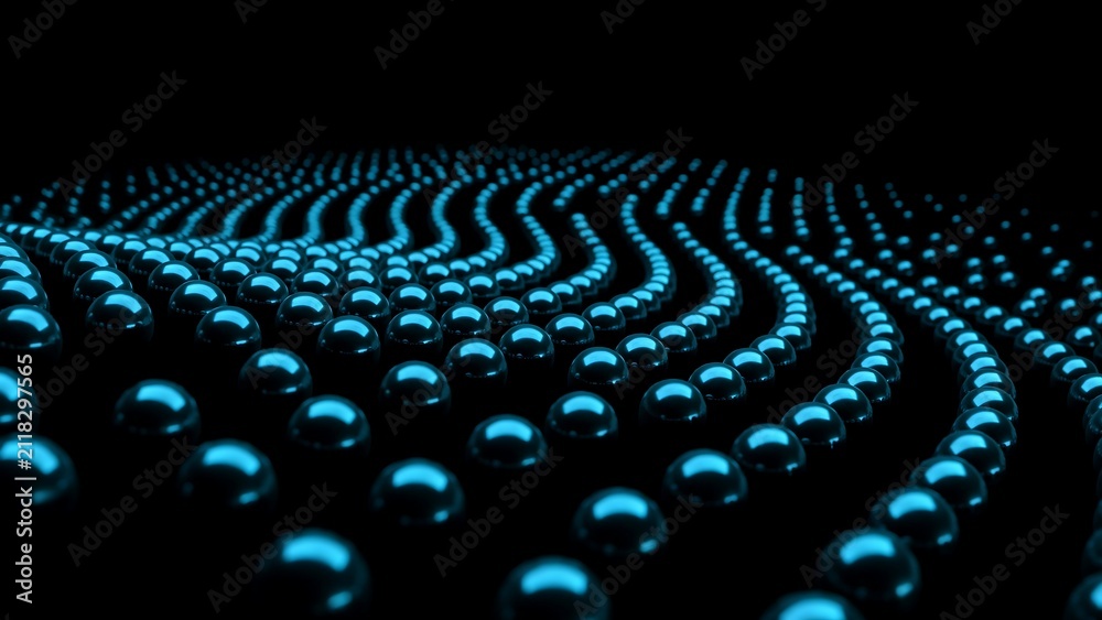 Fototapeta premium Abstract pattern of glowing blue spheres in wavy lines